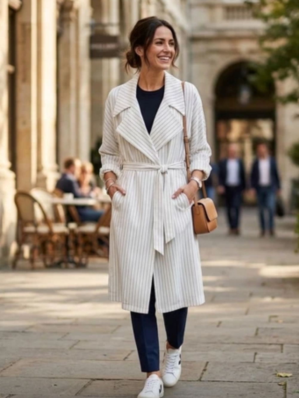 Maison Cinqcent White Pinstriped Trench Coat with Matching Belt Size XL